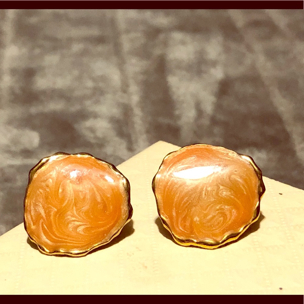 ♥️Vintage-Orange/Cream Colored, Gold Tone Earrings